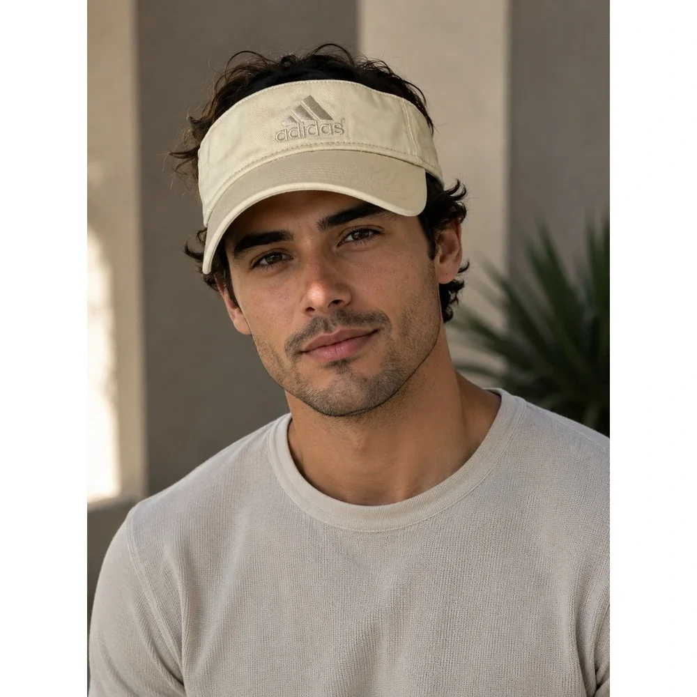 Adidas Golf Visor Hat Cream Khaki Adjustable Cotton Embroidered Logo Unisex
